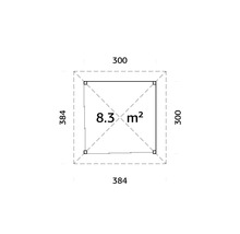 Plan avec une surface de 8,3 mètres carrés et des dimensions de 300 sur 300 et 384 sur 384 centimètres