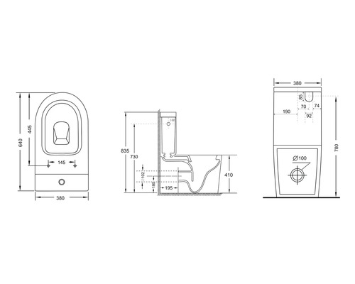 Technische Zeichnung eines WCs mit Maßen