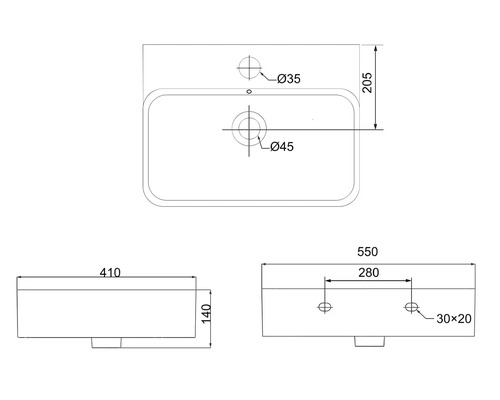 Schéma technique d''un lavabo avec indications de dimensions
