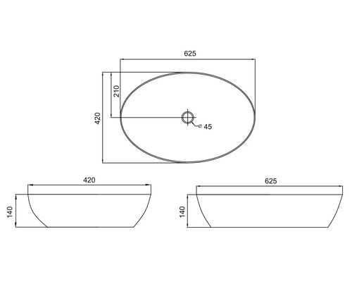 Dessin technique d''un lavabo à poser avec indications de dimensions