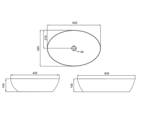 Technische Zeichnung eines Aufsatzwaschbeckens mit Maßangaben.