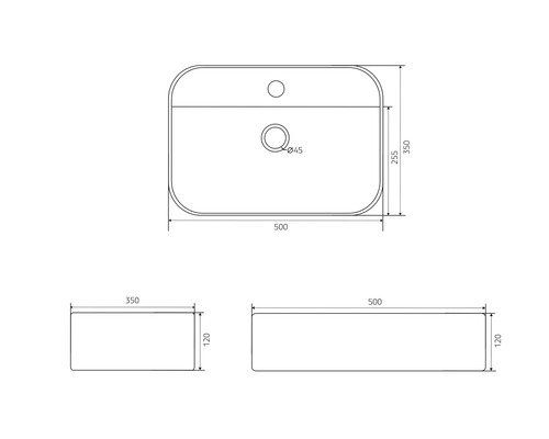Technische Zeichnung eines Waschtischs mit Maßangaben