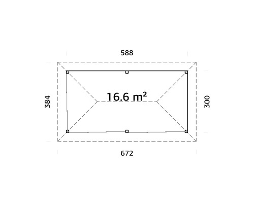 Plan avec dimensions et une surface de 16.6 mètres carrés