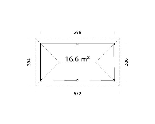 Plan avec dimensions : Dimensions extérieures de 672 x 384 cm, dimensions intérieures de 588 x 300 cm, surface de 16,6 mètres carrés