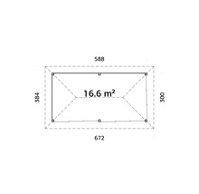 Plan avec les dimensions 672 par 384 et 588 par 300, superficie 16,6 mètres carrés