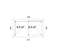 Plan d''un abri de jardin mesurant 384 x 672 cm et d''une superficie de 8,3 m² par pièce
