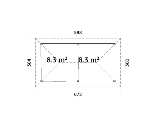 Plan d''un abri de jardin mesurant 672 sur 384 centimètres et 588 sur 300 centimètres, avec une surface de 8,3 mètres carrés.
