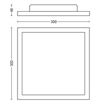 Technische Zeichnung einer quadratischen Deckenleuchte mit Maßangaben.