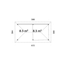 Plan d''un abri de jardin avec des dimensions de 672 x 384 centimètres et 588 x 300 centimètres, et une surface de 8,3 mètres carrés par pièce.