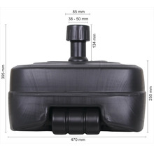 Schwarzer Boxsack-Standfuß mit Maßangaben.