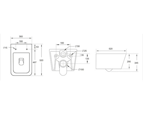 Technische Zeichnung eines Wand-WCs mit Abmessungen