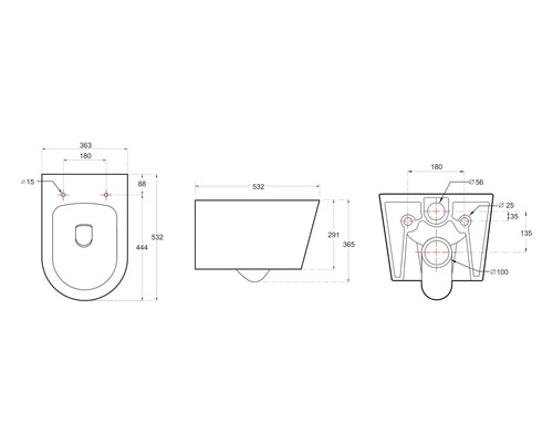 Schéma technique d''un WC suspendu avec indications de dimensions