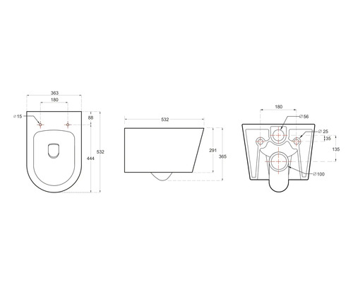 Schéma technique d''un WC suspendu avec dimensions