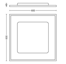 Technische Zeichnung einer quadratischen Deckenleuchte mit abgerundeten Ecken, Maße 600 x 600 mm