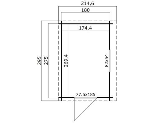 Grundrisszeichnung eines Gartenhauses mit Maßangaben