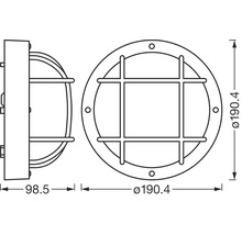 Technische Zeichnung einer runden Wandleuchte mit den Maßen 190,4 Millimeter Durchmesser und 98,5 Millimeter Tiefe.