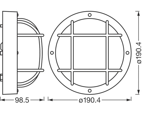 Technische Zeichnung einer runden Wandleuchte mit Gitter und Maßangaben