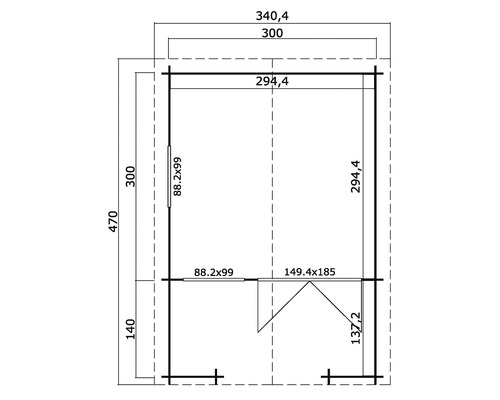 Grundrisszeichnung eines Gartenhauses mit Massangaben