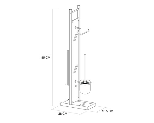 Croquis d''un porte-papier toilette autoportant avec brosse de toilette, hauteur 85 cm, largeur 28 cm, profondeur 15,5 cm