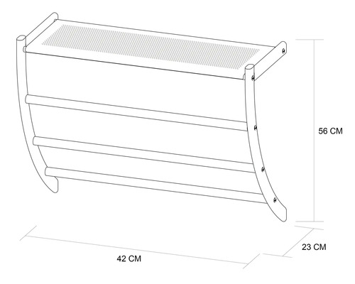 Étagère murale avec trois barres et une surface de rangement, dimensions 56 x 42 x 23 cm