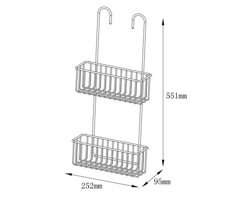 Étagère de douche avec deux paniers de rangement et crochets, dimensions 551 x 252 x 95 millimètres