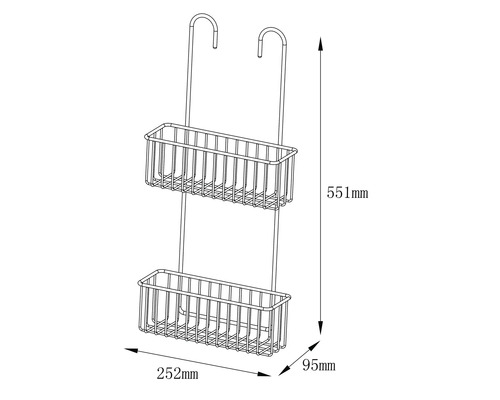 Image d''une étagère de douche avec deux surfaces de rangement et indications de taille.