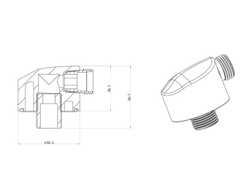 Technische Zeichnung eines Bauteils mit Gewinde und Maßangaben