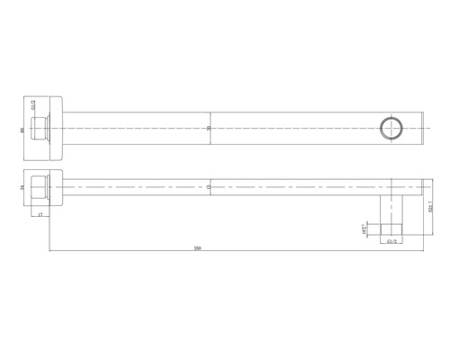 Technische Zeichnung eines Wandauslaufs mit Maßangaben