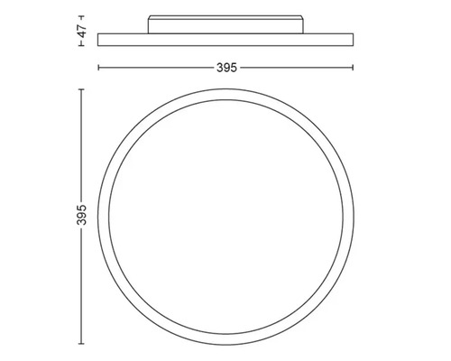 Technische Zeichnung einer Deckenleuchte mit den Maßen 395 Millimeter Durchmesser und 47 Millimeter Höhe.