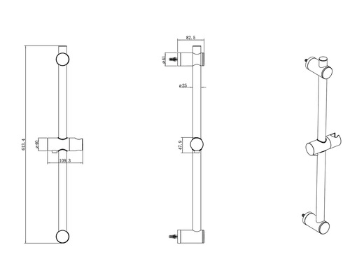 Dessin technique d''une barre de douche avec dimensions