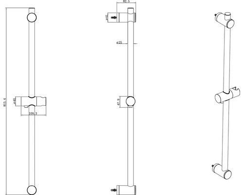 Dessin technique d''une barre de douche avec indications de dimensions