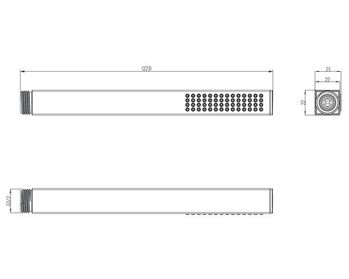 Technische Zeichnung einer Handbrause mit Maßangaben