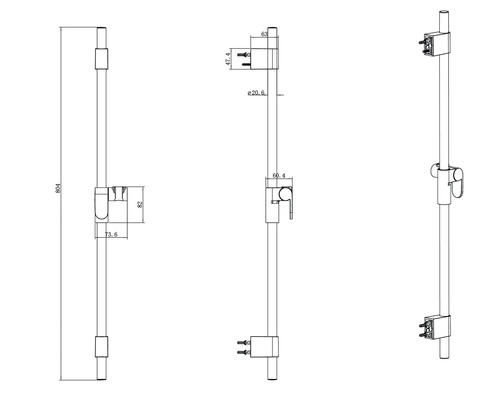 Technische Zeichnung einer Duschstange mit Massangaben