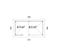 Plan d''un abri de jardin mesurant 588 sur 384 et 672 sur 300, avec une superficie de 8,3 mètres carrés par pièce