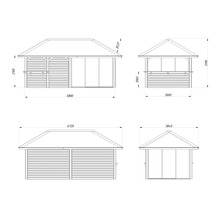 Dessin technique d''une cabane de jardin avec dimensions.