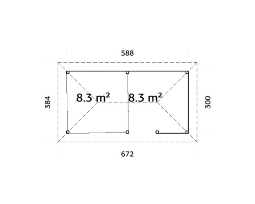 Plan d''un abri de jardin avec indication de la surface en mètres carrés et dimensions en centimètres.
