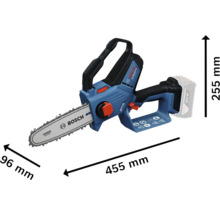 Bosch Akku-Kettensäge mit den Maßen 455 mm Länge, 96 mm Breite und 255 mm Höhe