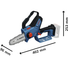 Tronçonneuse à batterie Bosch avec des dimensions de 402 mm de long, 96 mm de large et 253 mm de haut.