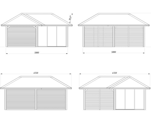 Plan technique d''un abri de jardin avec différents types de parois et indications de dimensions