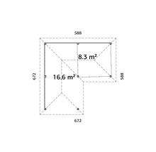 Plan avec les dimensions 672 x 672 et 588 x 588 et les indications de surface 16.6 m² et 8.3 m².