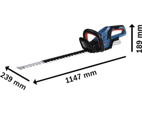 Taille-haie sans fil Bosch avec des dimensions de 1147 mm de long, 239 mm de large et 189 mm de haut.