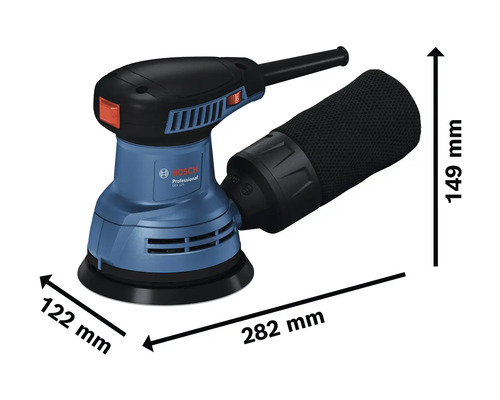 Ponceuse excentrique Bosch Professional avec sac à poussière et indications de dimensions