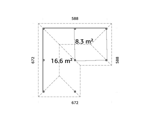 Plan d''un abri de jardin avec des dimensions de 672 x 672 et 588 x 588 centimètres et une superficie de 16,6 et 8,3 mètres carrés
