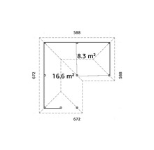 Plan d''un abri de jardin mesurant 672 x 588 cm et d''une superficie de 16,6 et 8,3 mètres carrés
