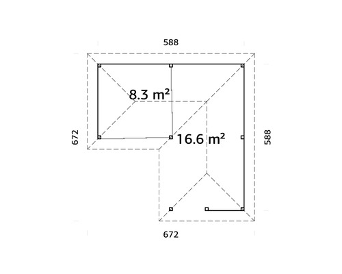 Plan d''un abri de jardin avec des dimensions de 672 x 588 cm et des indications de surface de 8,3 et 16,6 mètres carrés.