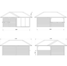 Dessin technique d''une maison de jardin avec vues latérales et dimensions