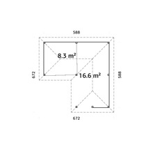Plan d''un abri de jardin mesurant 588 x 672 cm et d''une superficie de 16,6 mètres carrés plus 8,3 mètres carrés