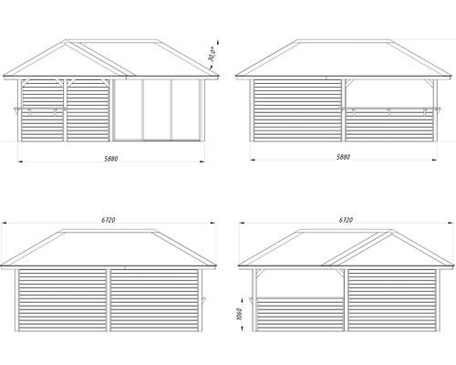 Schéma technique d''un pavillon avec vues latérales et dimensions