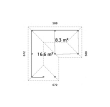 Plan d''un abri de jardin mesurant 588 x 672 centimètres et d''une superficie de 16,6 mètres carrés et 8,3 mètres carrés.