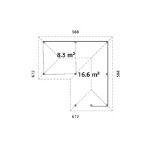 Plan d''un abri de jardin mesurant 588 x 672 centimètres et d''une superficie de 8,3 et 16,6 mètres carrés.